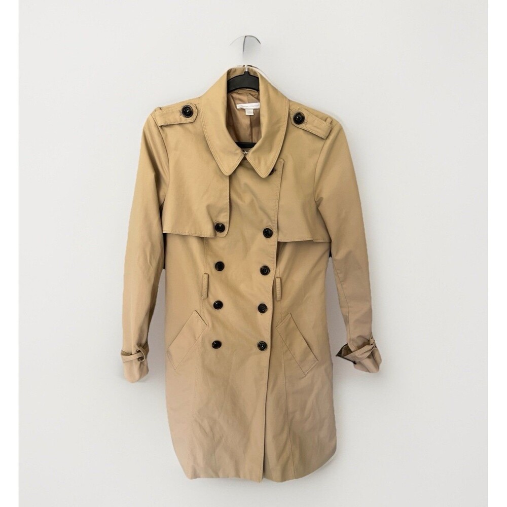 New York & Company Tan Double-Breasted  Trench Coat Ruffle Hem Womens M